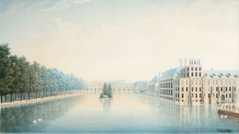 Schilderij van de Hofvijver gezien vanaf het Buitenhof door Antoine Ignace Melling, circa 1813. Op het rechthoekige eiland zijn een paar boompjes te zien