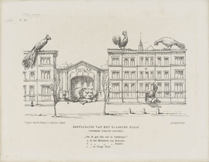 Spotprent uit 1861 over de bouwplannen op Plein Den Haag, met de Hooge Raad als hondenhok en het ministeries van Koloniën en Jusititie (links en rechts) als kippenhok