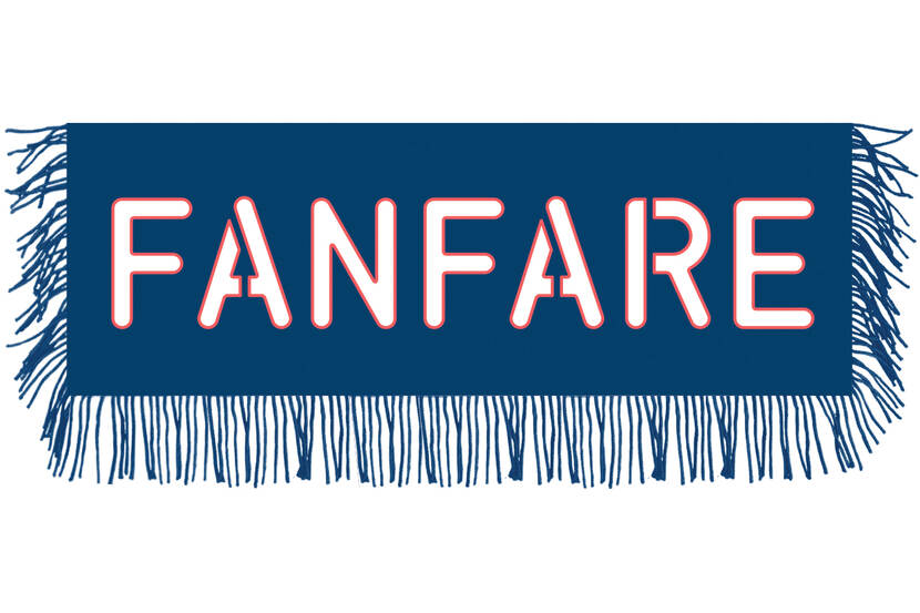 Blauwe banner met tekst 'FANFARE'