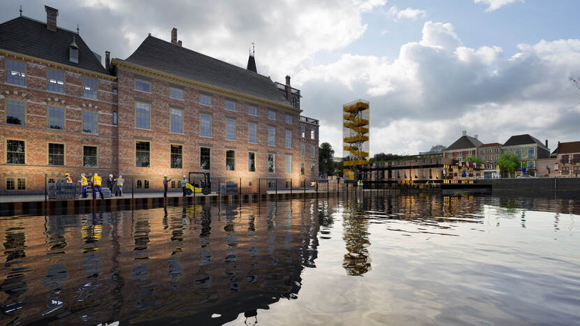 Impressie van het werkgebied Hofvijver langs de Eerste Kamergebouwen, met op de achtergrond het Uitzichtpunt Binnenhof