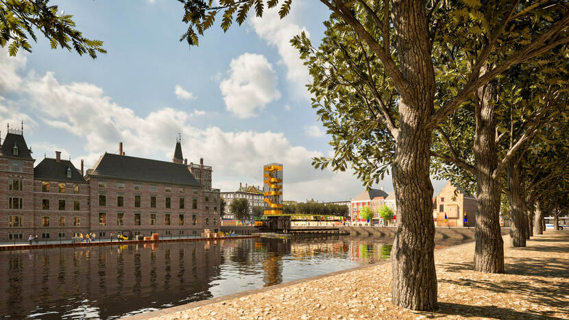 Impressie van het werkgebied Hofvijver gezien vanaf de Lange Vijverberg, met op de achtergrond het Uitzichtpunt Binnenhof