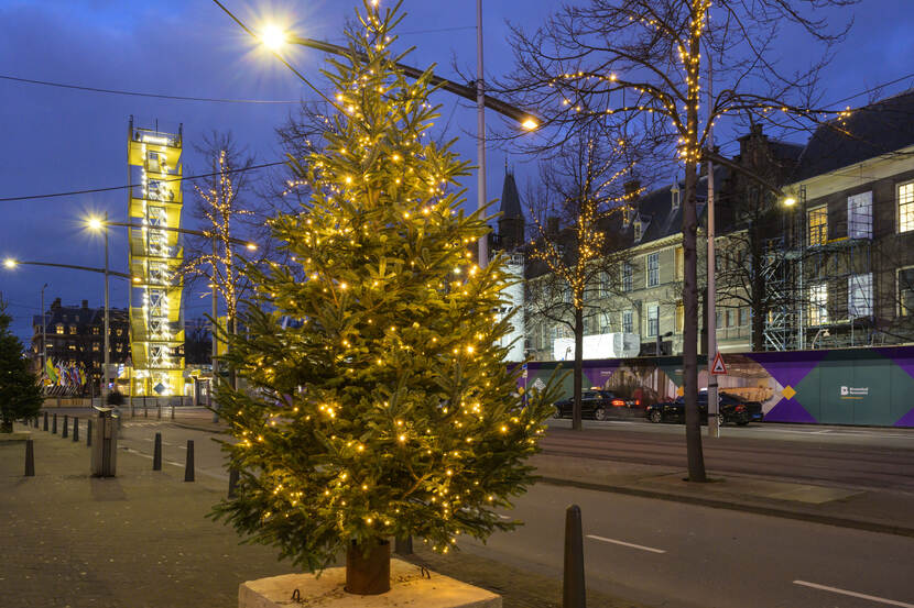 Verlichte kerstboom op het Buitenhof in Den Haag, met links het Uitzichtpunt Binnenhof