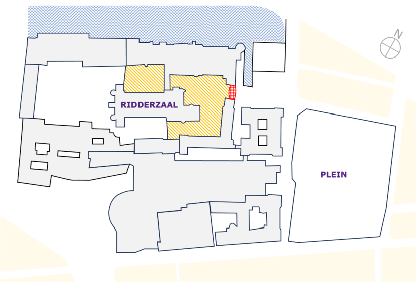 Schematische plattegrond van het Binnenhof met daarop aangegeven de Ridderzaal, het Plein en oranje gearceerd het gebied bij het ministerie van Algemene Zaken dat afgesloten wordt