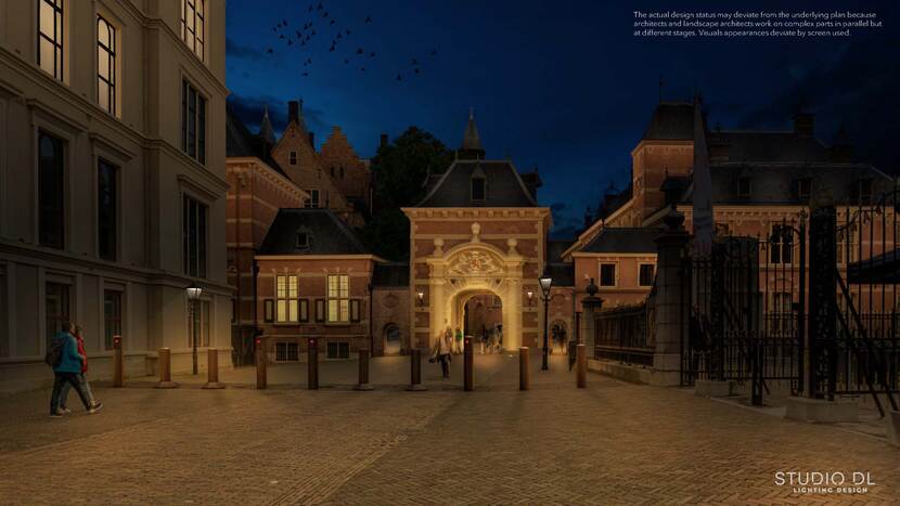 Sfeerimpressie van het verlichtingsplan van Studio DL; te zien is de uitgelichte Grenadierspoort vanaf het plein voor het Mauritshuis