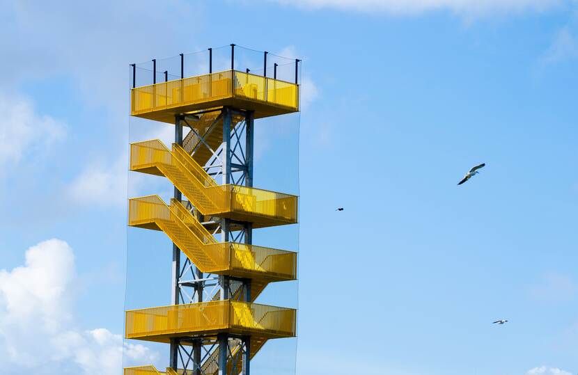 De bovenste gele trappen van het uitzichtpunt tegen een blauw lucht waarin meeuwen rondcirkelen